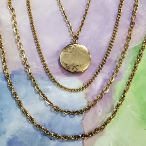 Vintage Locket Layered Necklace Multi Strand Chain Floral Engraved